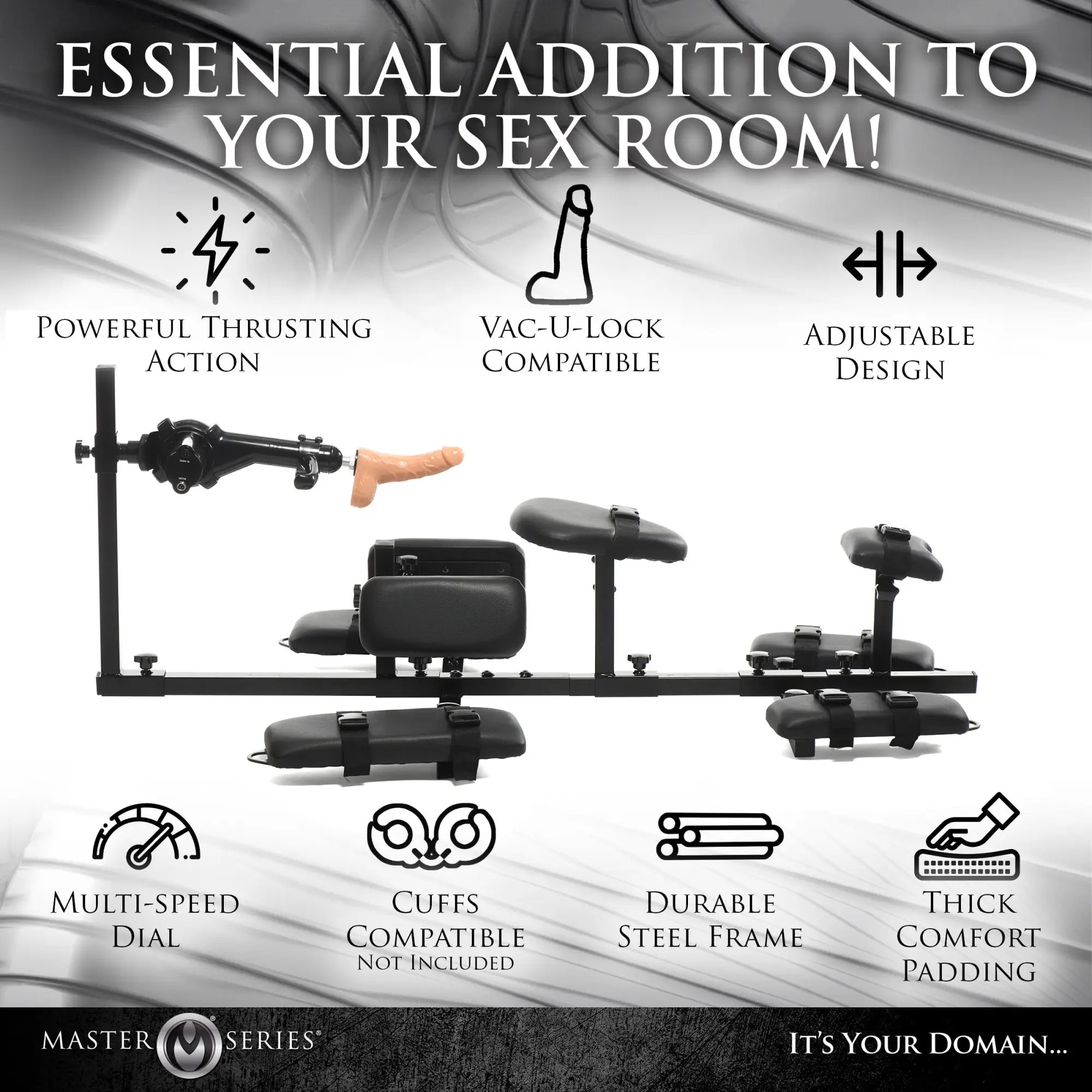 Master Series Subversion Deluxe Stockade with a black steel frame, padded cushions, and a thrusting mechanism attachment.