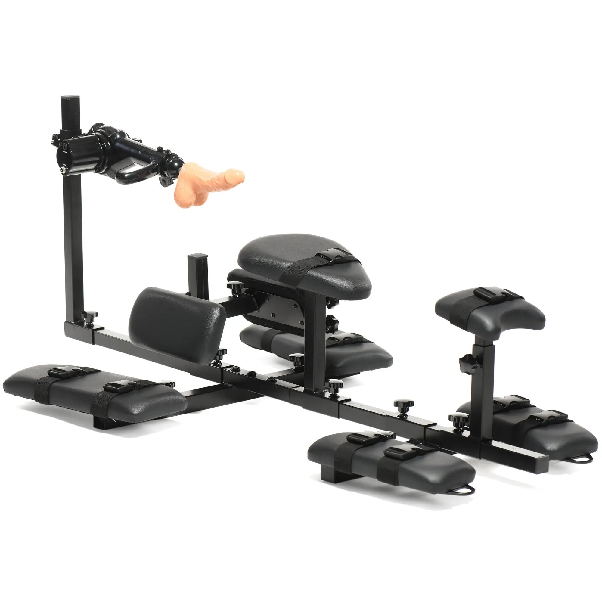 Master Series Subversion Deluxe Stockade with a black metal frame, adjustable padded restraints, and a motorized attachment.