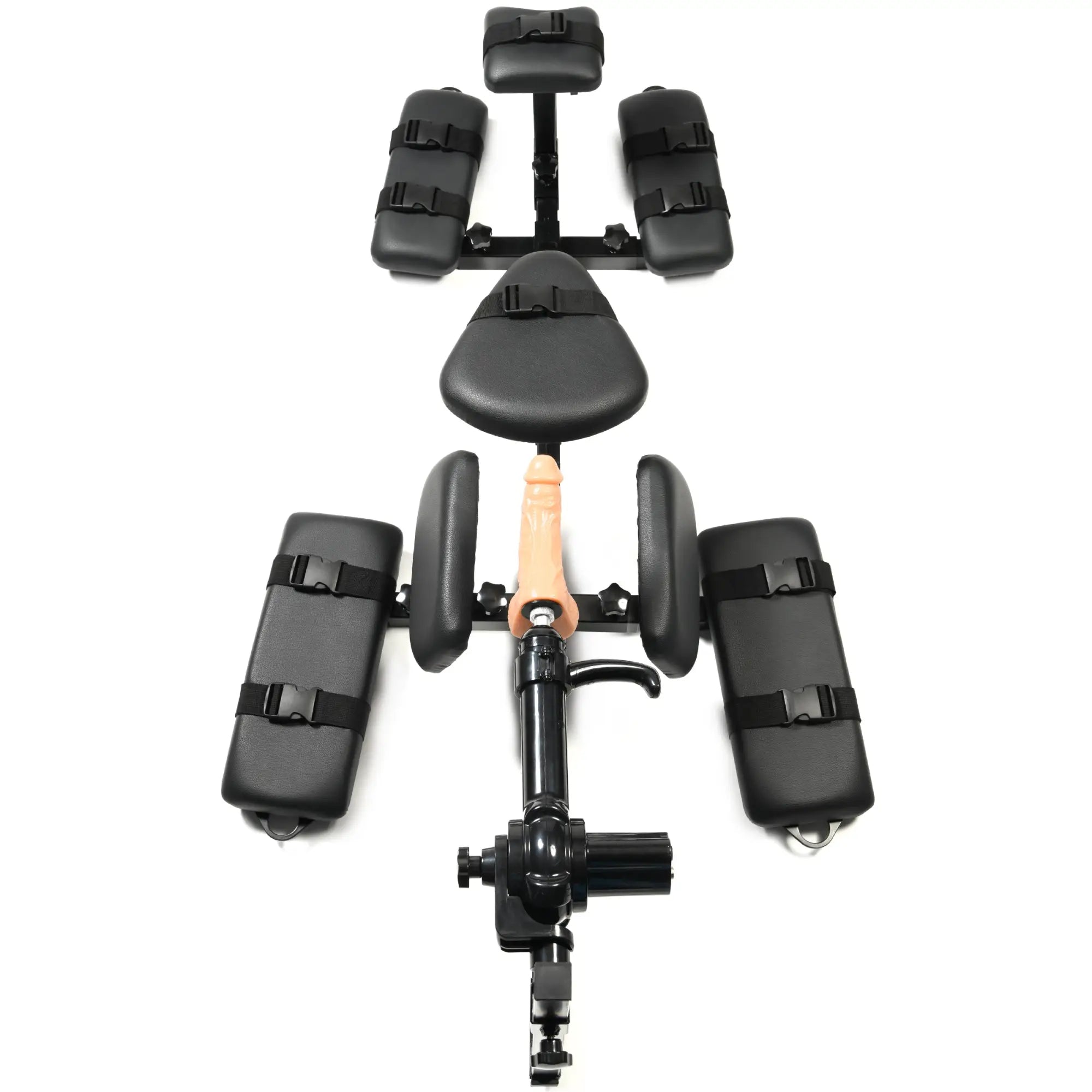 Master Series Subversion Deluxe Stockade with integrated sex machine, featuring black padded restraints on a metal frame.
