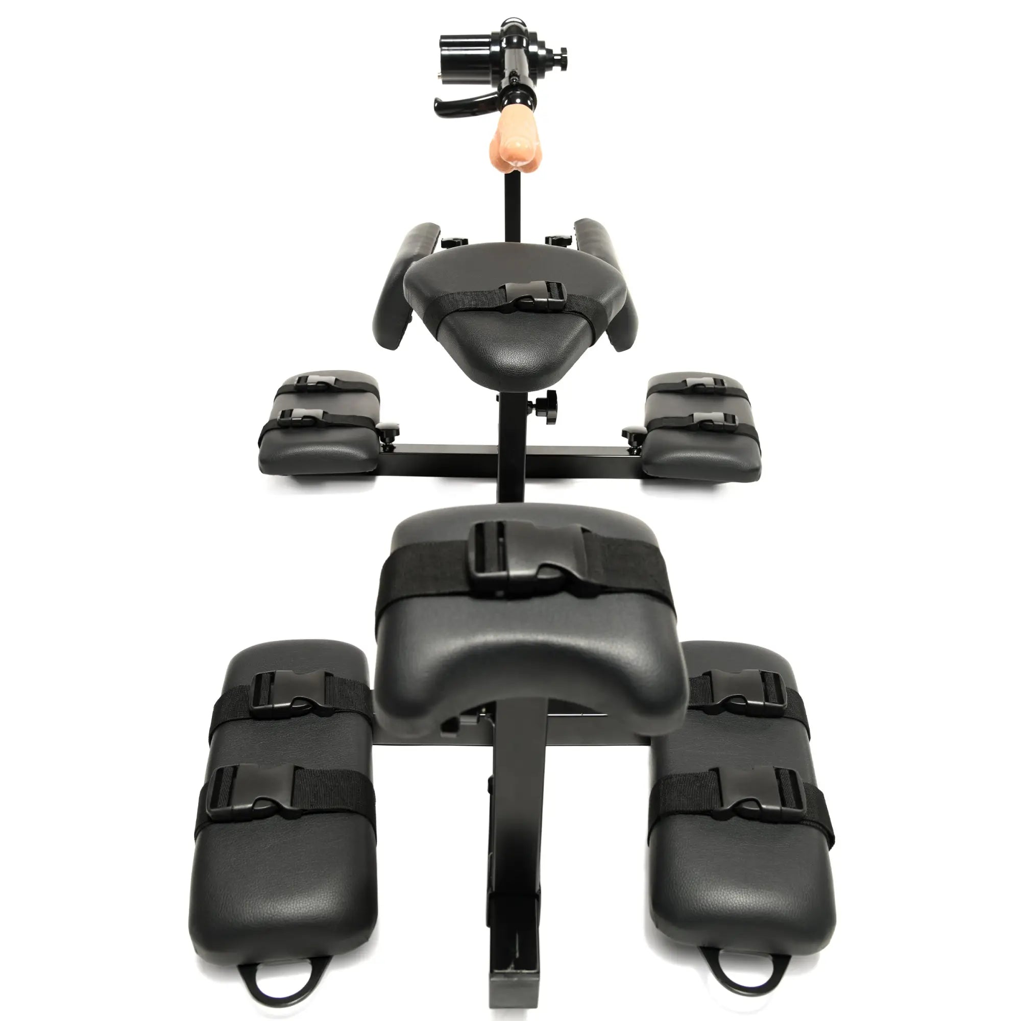 Master Series Subversion Deluxe Stockade with integrated sex machine, featuring black padded restraints on a steel frame.