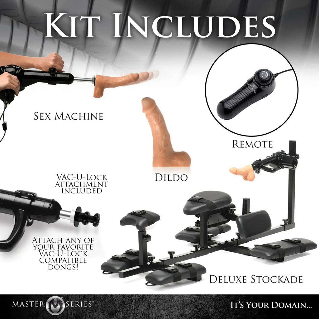 Master Series Subversion Deluxe Stockade kit with black mounting frame, motor, remote, and flesh-toned phallic attachment.