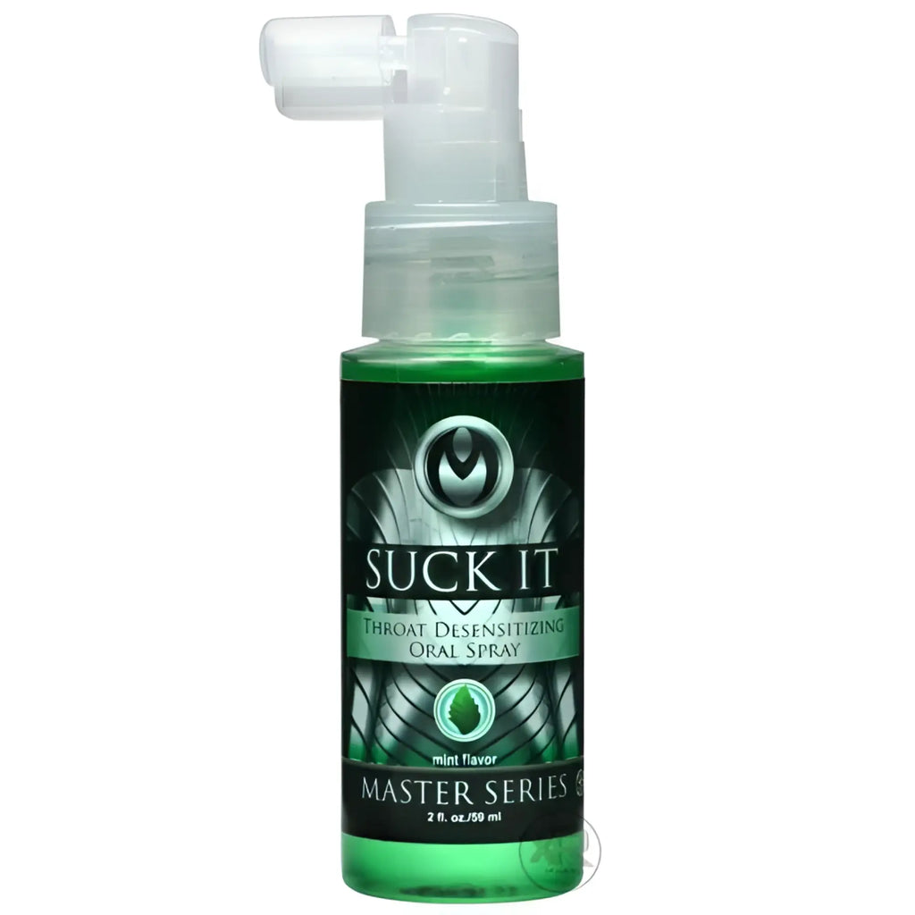 Master Series Suck It throat desensitizing spray in a green bottle with a white pump sprayer, against a white background.
