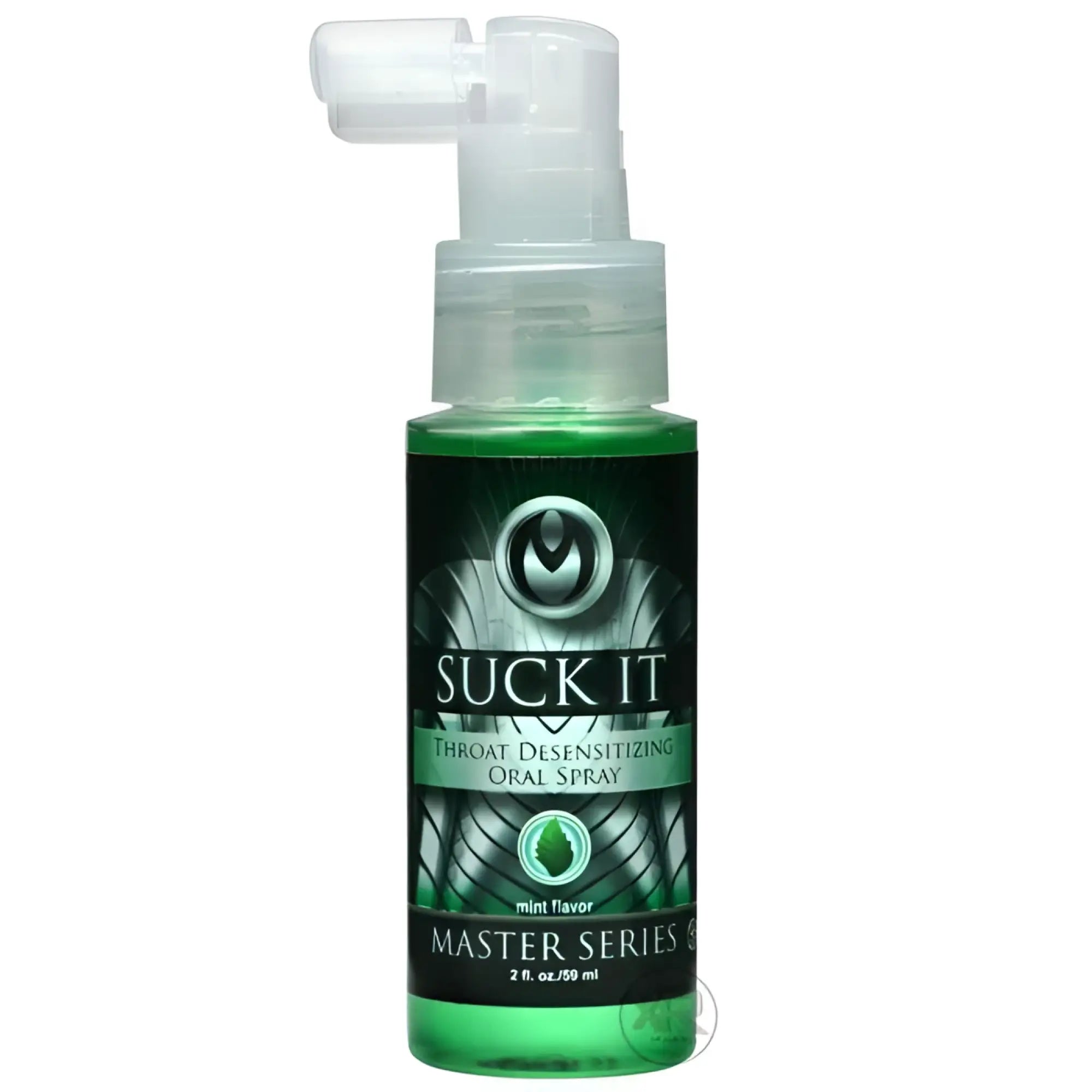 Master Series Suck It throat desensitizing spray in a green bottle with a white pump sprayer, against a white background.