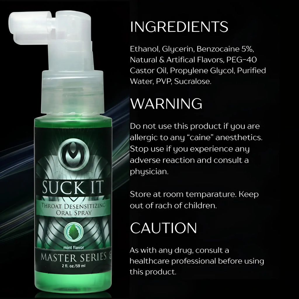 Master Series Suck It throat spray with a green liquid bottle and white nozzle, next to text listing ingredients.