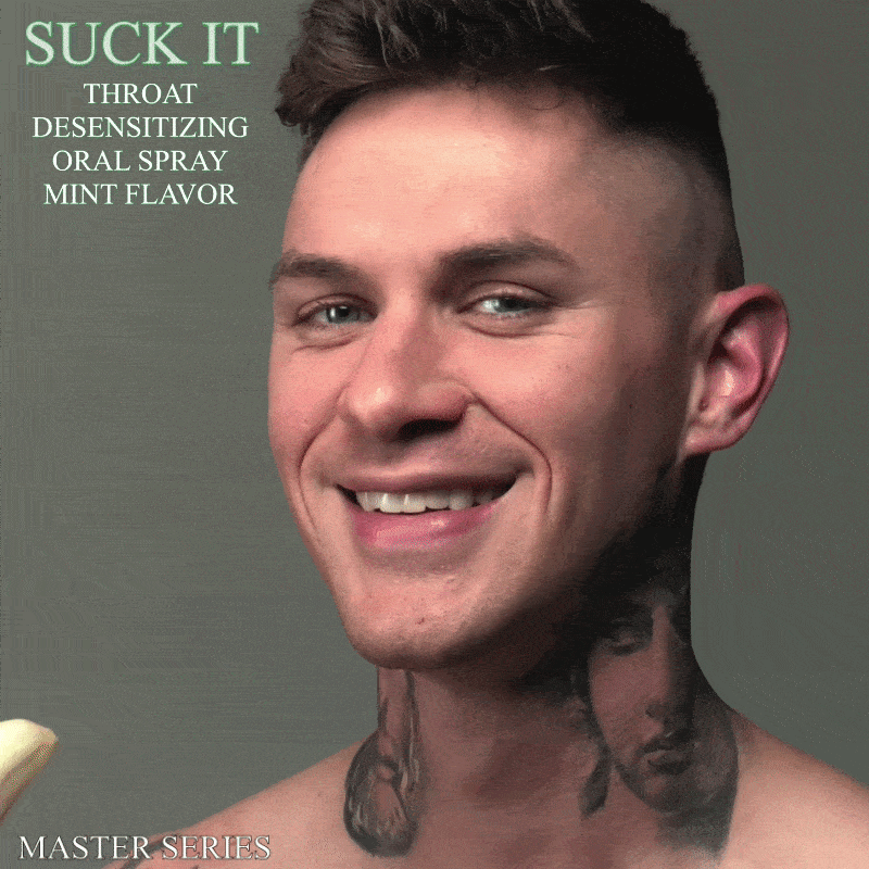 Master Series Suck It throat spray product image featuring a smiling man with neck tattoos against a gray background.