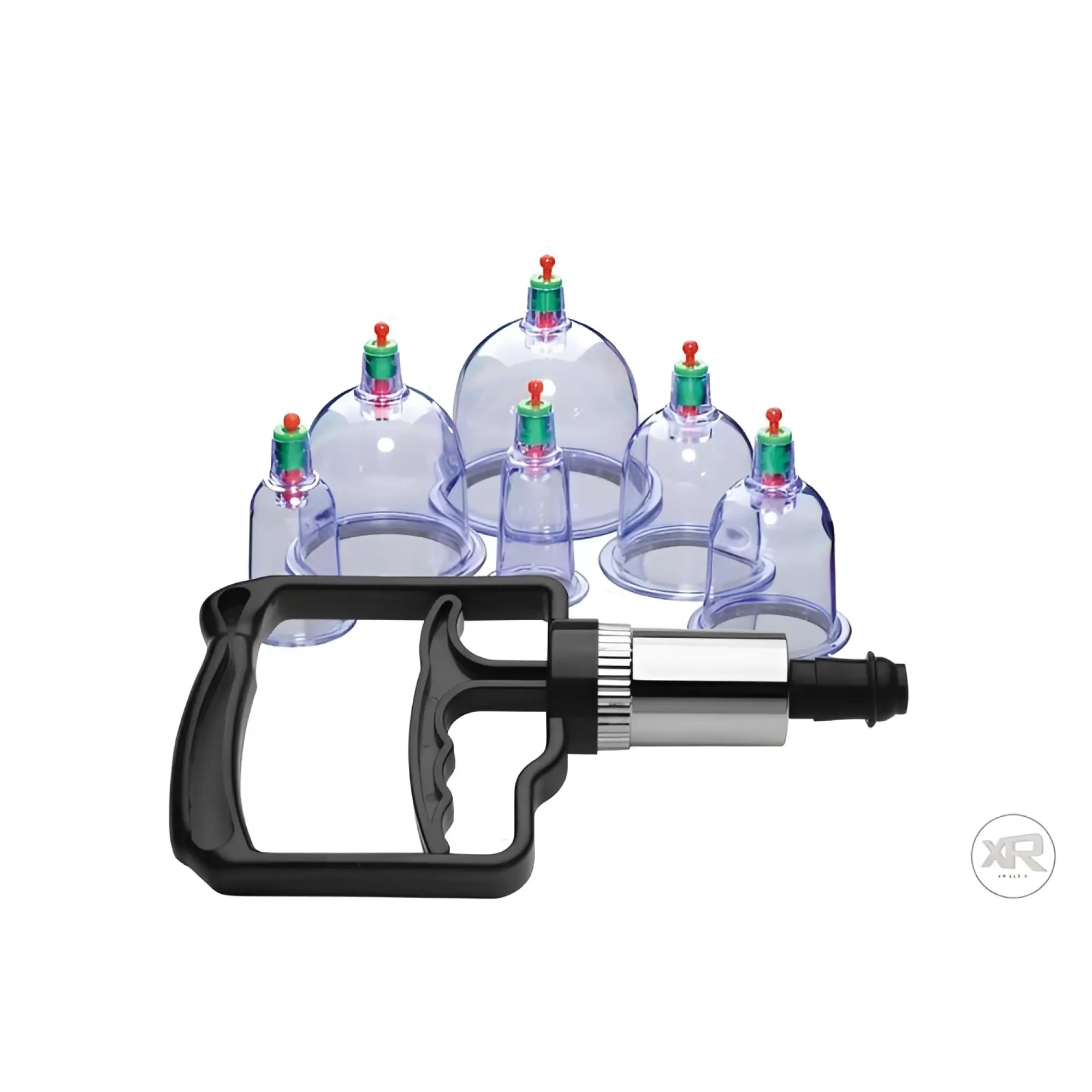 Master Series Sukshen 6-piece clear plastic cupping set with suction pump and green valves on a white background.