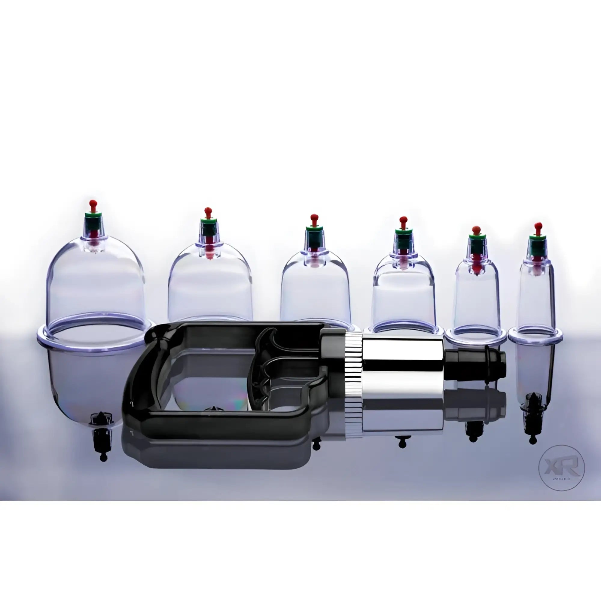 Master Series Sukshen 6-piece cupping set with clear plastic cups, acu-point inserts, and a black manual suction pump.