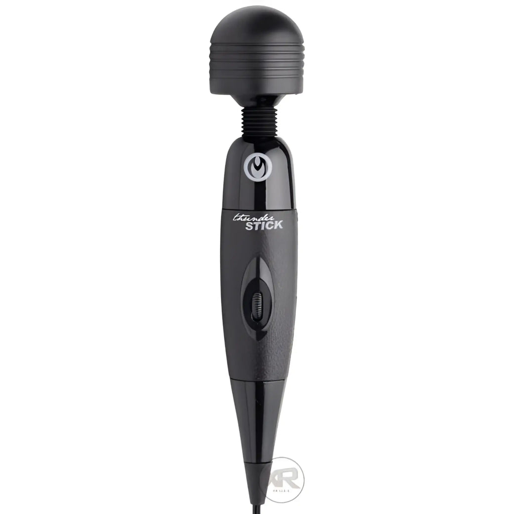 Master Series Thunderstick power wand: A matte and glossy black handheld massager with a flexible neck and control dial.