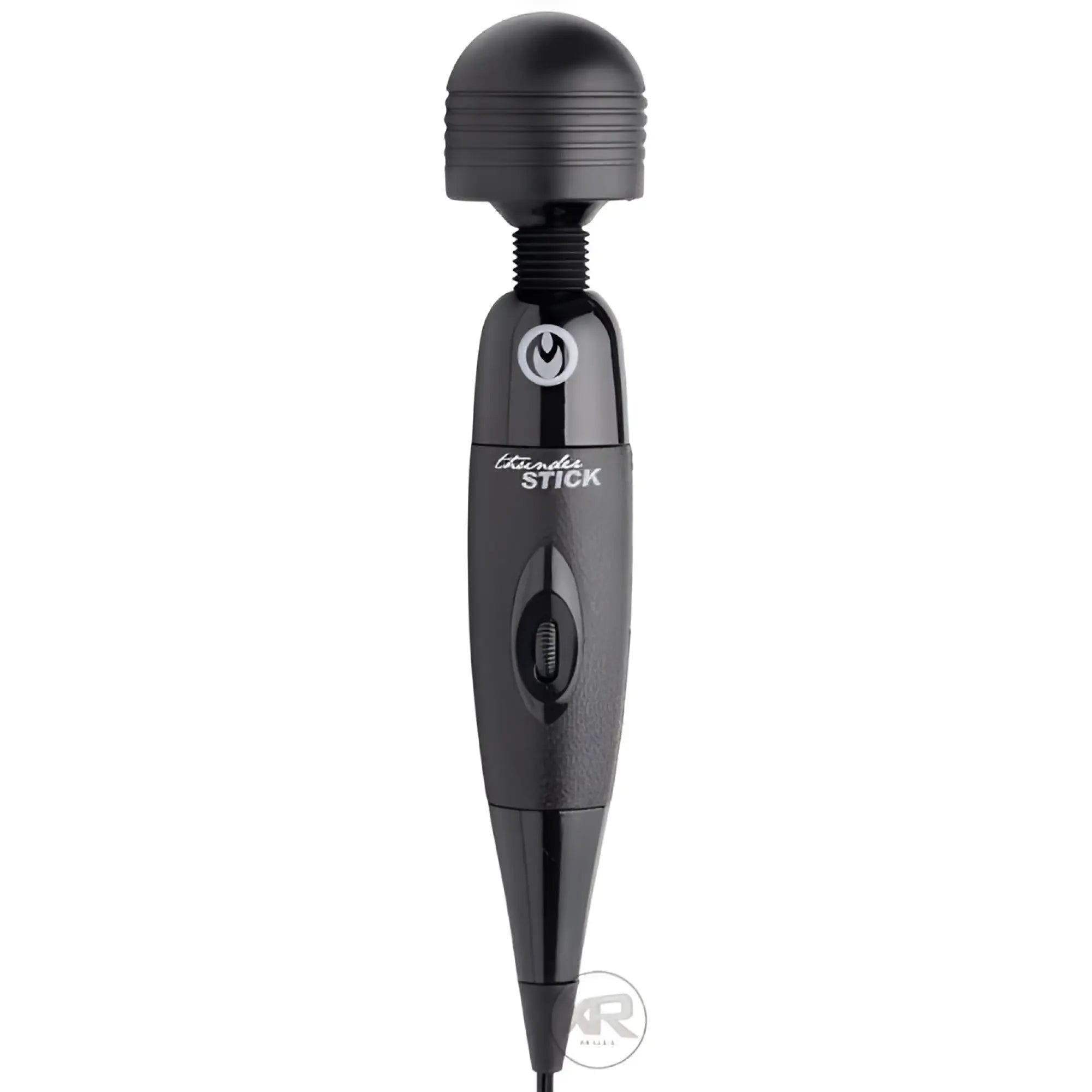 Master Series Thunderstick power wand: A matte and glossy black handheld massager with a flexible neck and control dial.