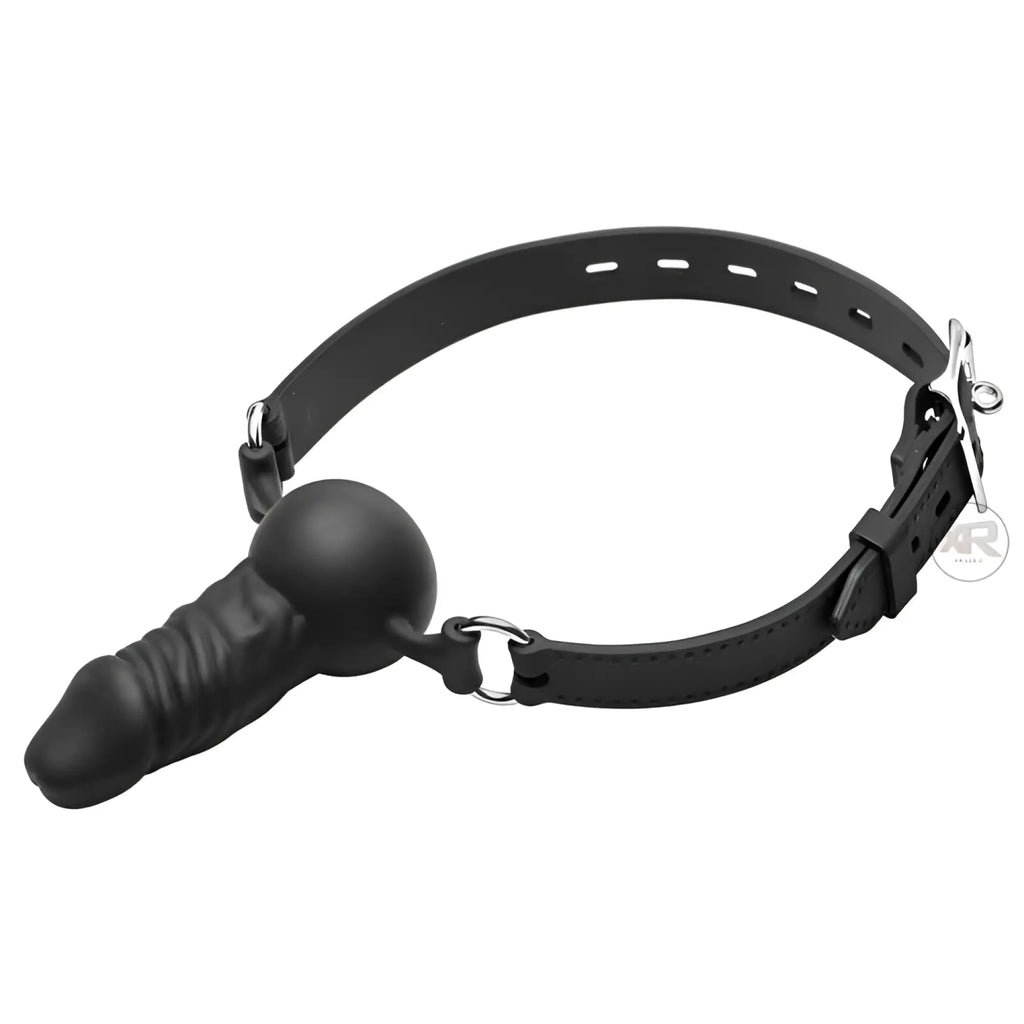 Master Series Suppressor black silicone phallic gag on an adjustable strap with a metal buckle, isolated on white.