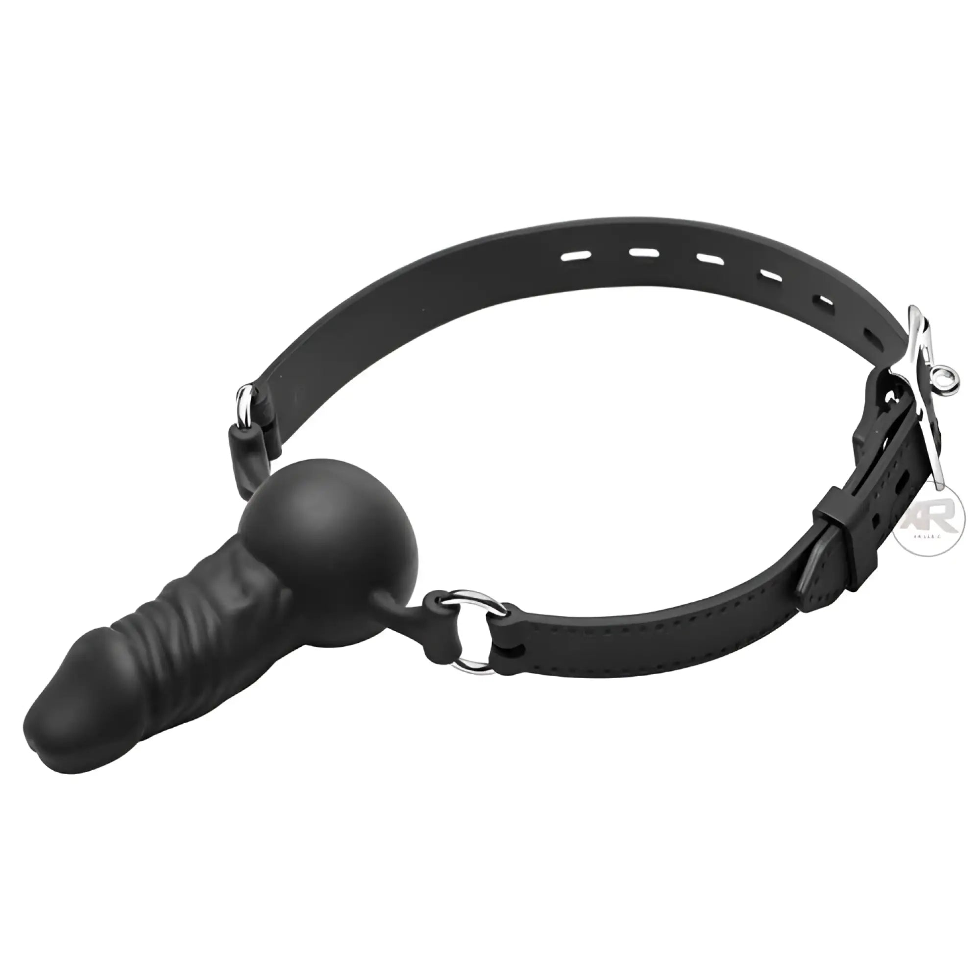 Master Series Suppressor black silicone phallic gag on an adjustable strap with a metal buckle, isolated on white.