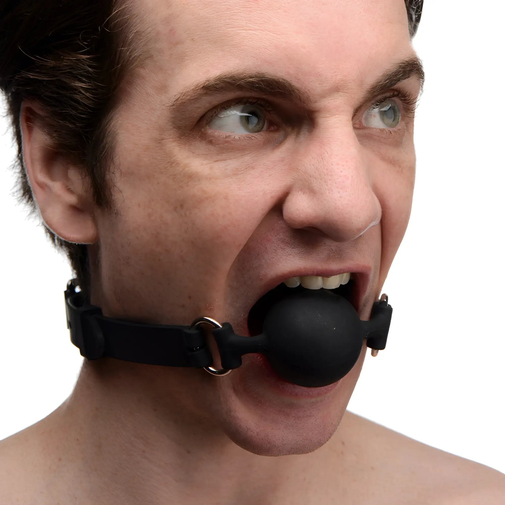 Master Series Suppressor Silicone Face Banger Gag: a matte black silicone ball gag with an adjustable strap.
