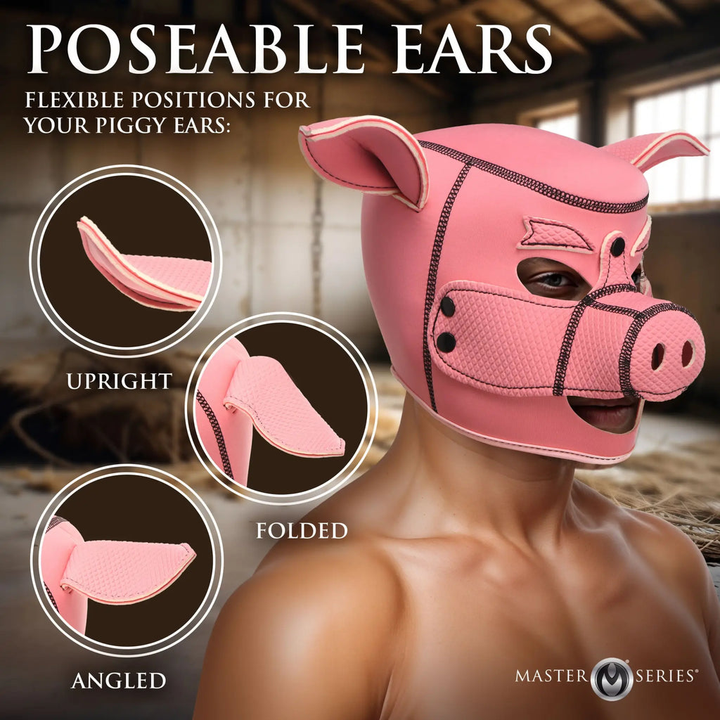 Master Series Swine Pig Neoprene Hood in pink, featuring poseable ears with upright, folded, and angled positions.