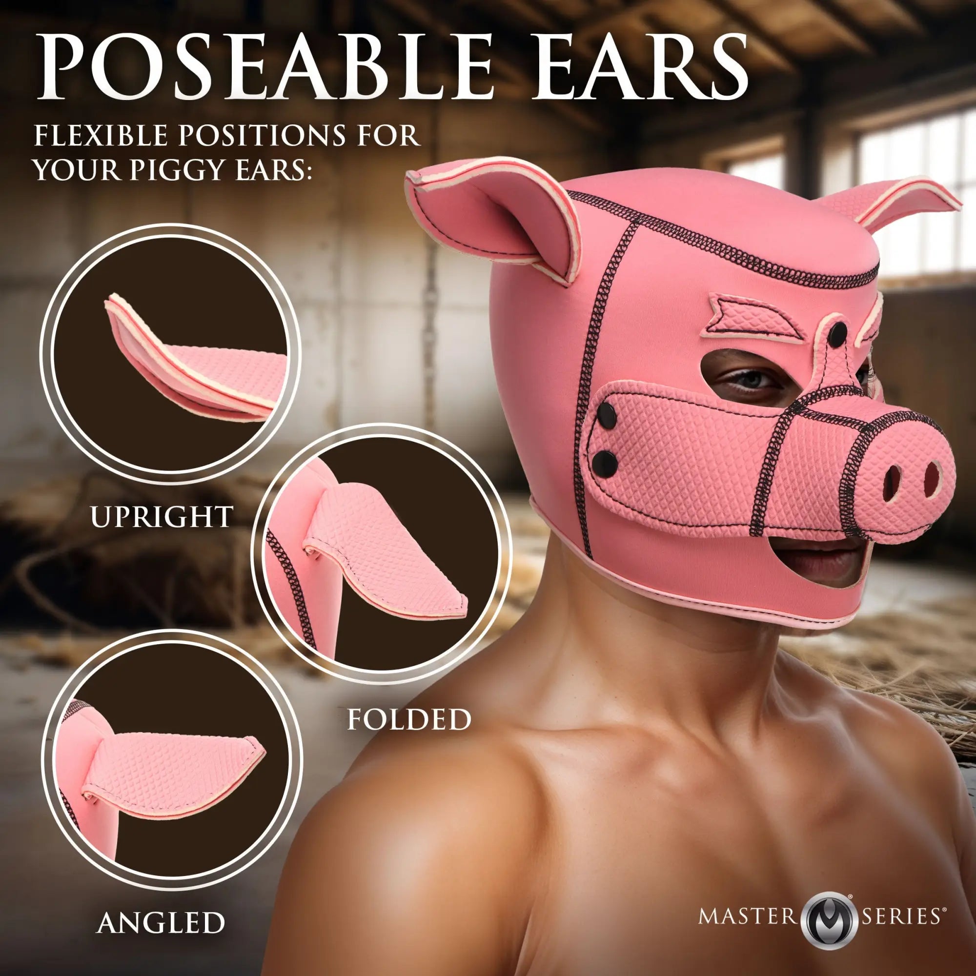 Master Series Swine Pig Neoprene Hood in pink, featuring poseable ears with upright, folded, and angled positions.