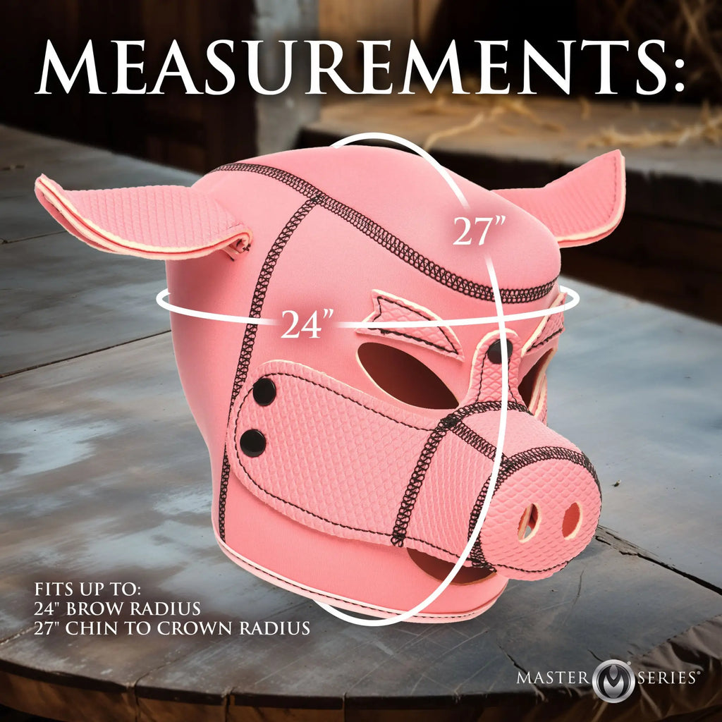 Pink Master Series Swine neoprene pig hood with black stitching, shown with size measurement overlays.