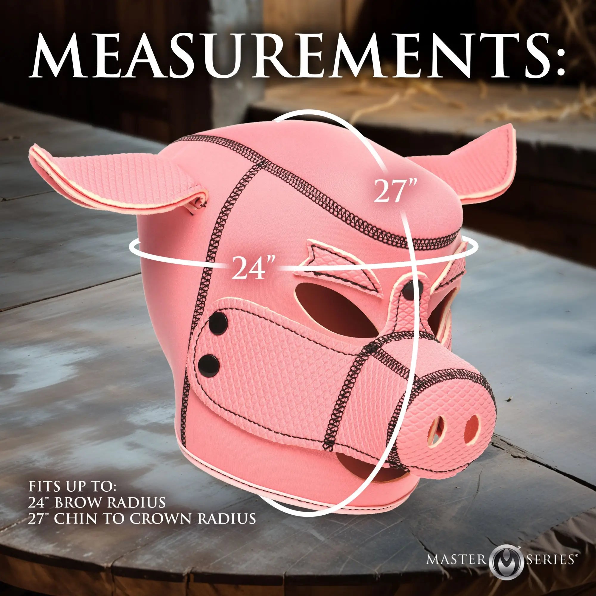 Pink Master Series Swine neoprene pig hood with black stitching, shown with size measurement overlays.