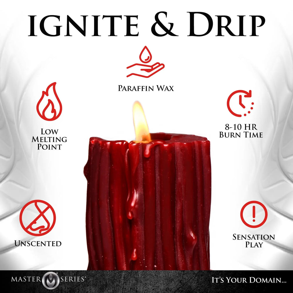 Master Series Thorn Drip Candle: A deep red, textured pillar candle burning with icons highlighting features like wax type.