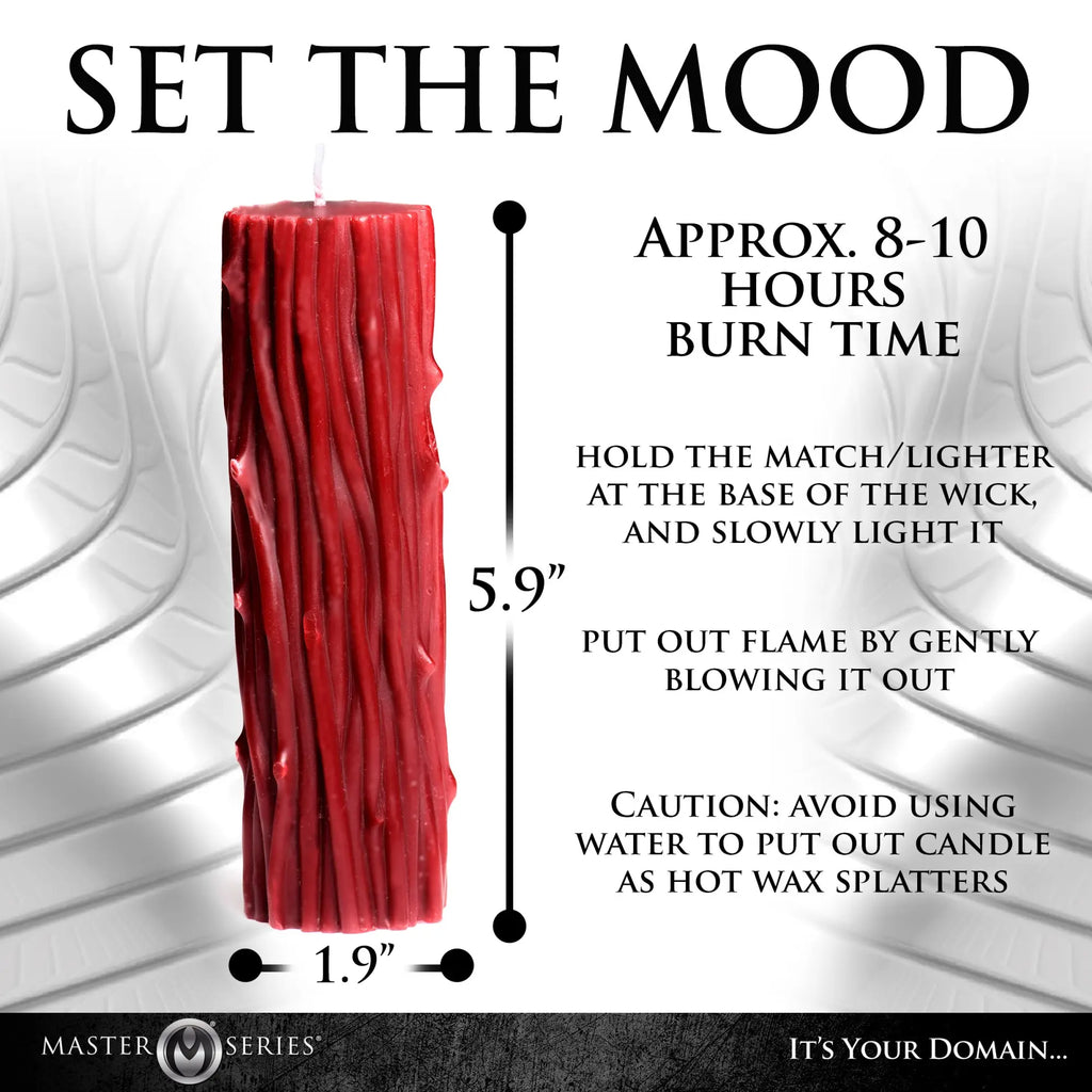 Master Series Thorn Drip Candle: A 5.9" tall, dark red textured pillar candle with drip details and dimension markers.