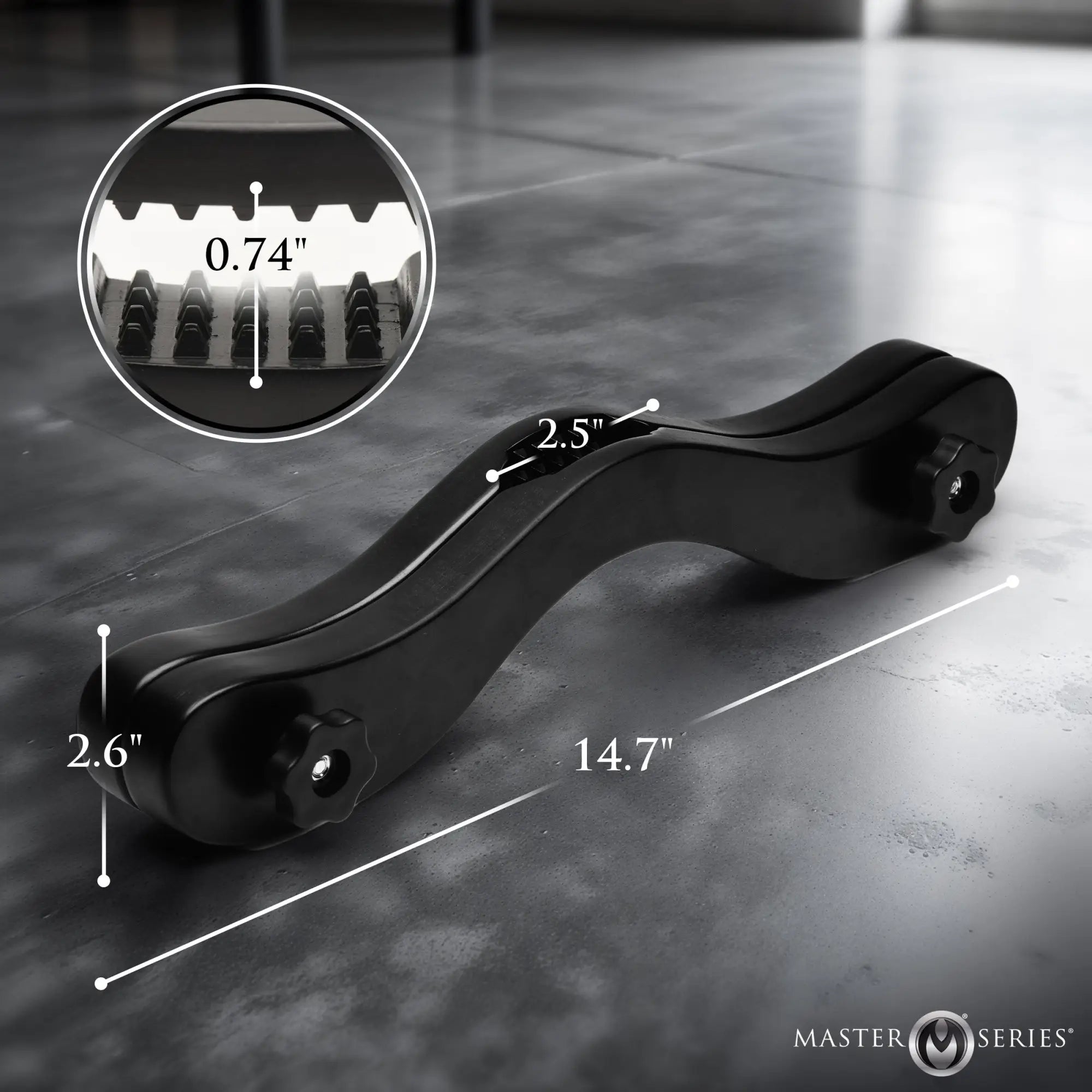 Master Series Thorns Spiked Wooden Humbler: black, curved wood restraint with internal spikes and labeled dimensions.