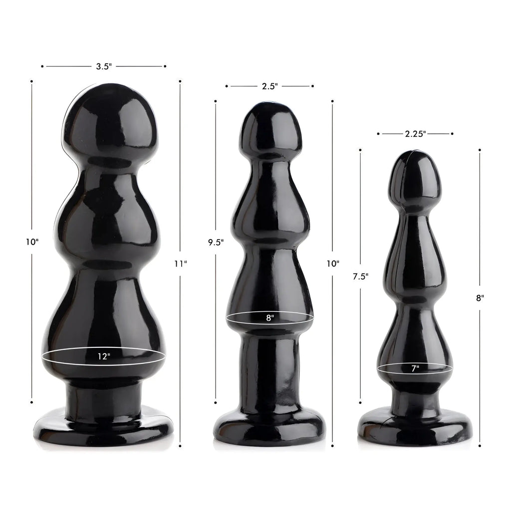 Master Series Three Bumps for Your Rump: Three shiny black, tiered anal plugs shown with size dimension lines.