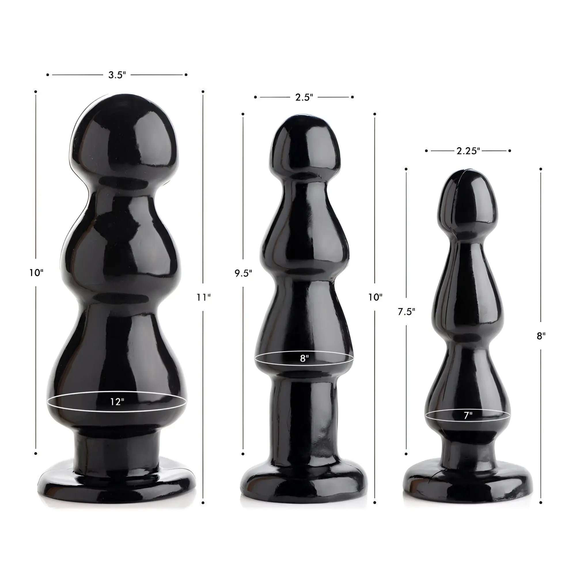 Master Series Three Bumps for Your Rump: Three shiny black, tiered anal plugs shown with size dimension lines.