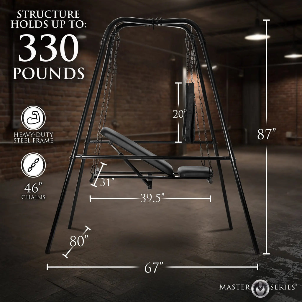 Master Series Throne Adjustable Sex Swing with black steel frame, suspended seat, and product dimension callouts.