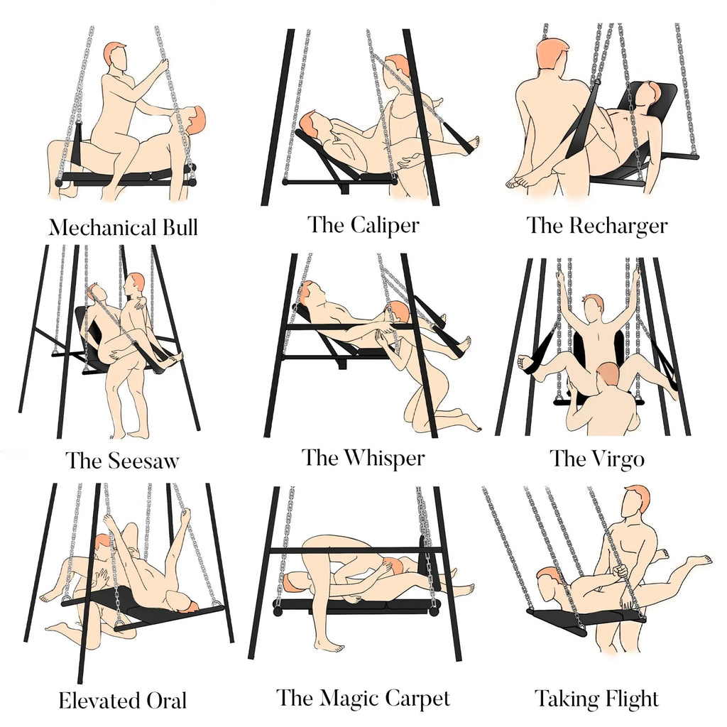 Master Series Throne sex swing: a grid of black line-art illustrations showing nine sexual positions on the swing stand.