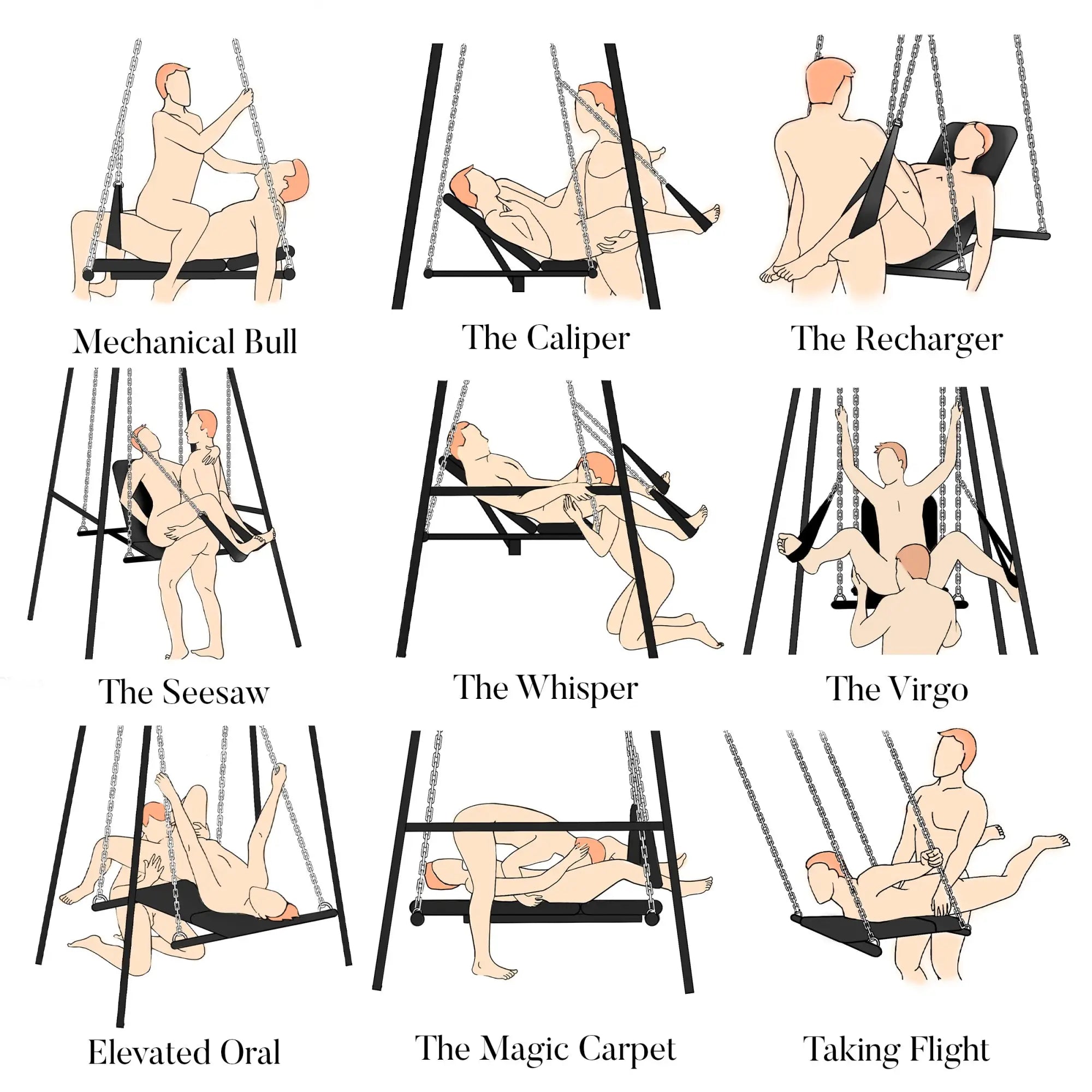 Master Series Throne sex swing: a grid of black line-art illustrations showing nine sexual positions on the swing stand.