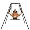 Master Series Throne sex swing with black frame, chains, and padded seat, featuring a man using the adjustable device.