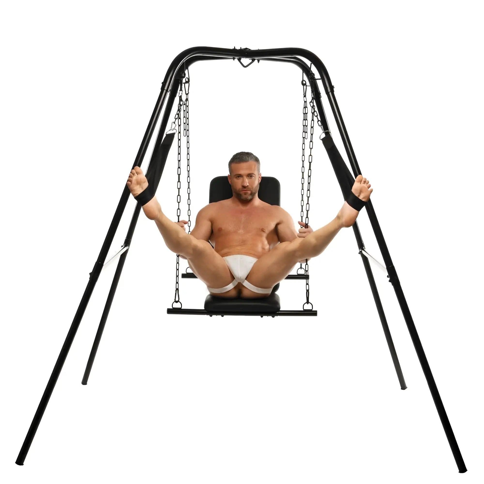 Master Series Throne sex swing with black frame, chains, and padded seat, featuring a man using the adjustable device.