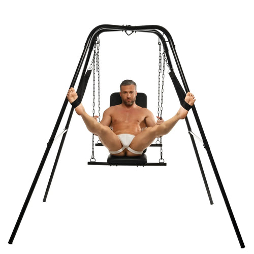Master Series Throne sex swing with black frame, chains, and padded seat, featuring a man using the adjustable device.