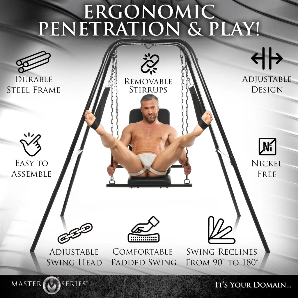Master Series Throne sex swing: a black steel frame with a padded seat and stirrups, shown with a man for scale.
