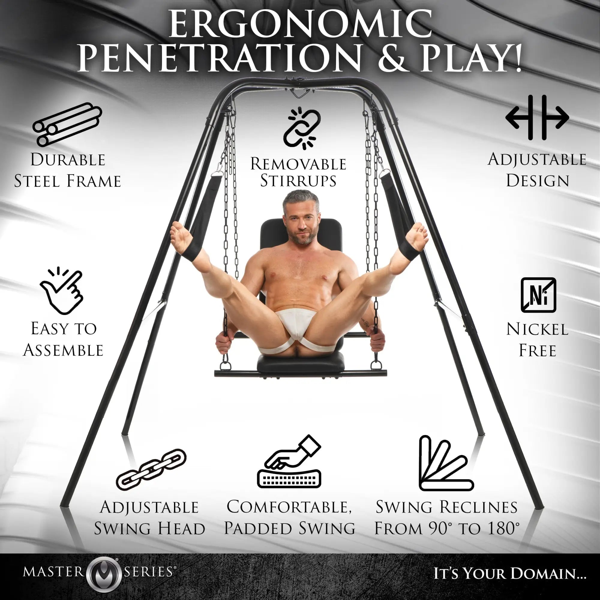 Master Series Throne sex swing: a black steel frame with a padded seat and stirrups, shown with a man for scale.