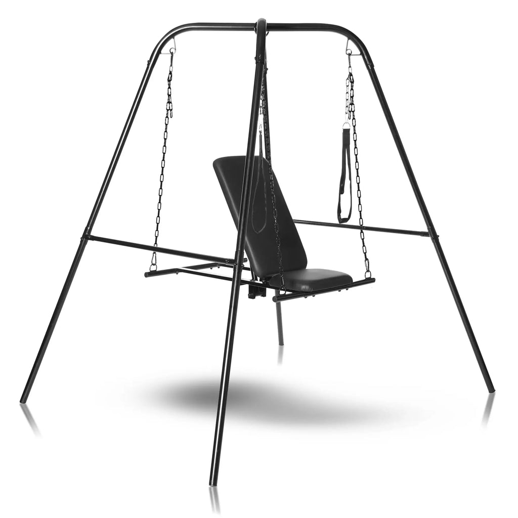 Master Series Throne sex swing with a black metal frame, adjustable padded seat, and hanging straps on chains.