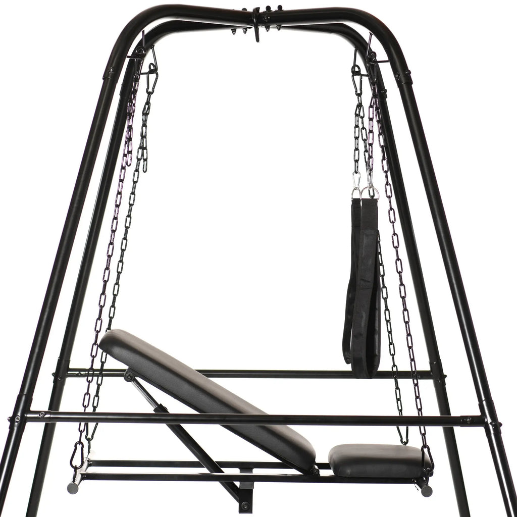 Master Series Throne Adjustable Sex Swing with a black metal frame, hanging support straps, and a padded seat.