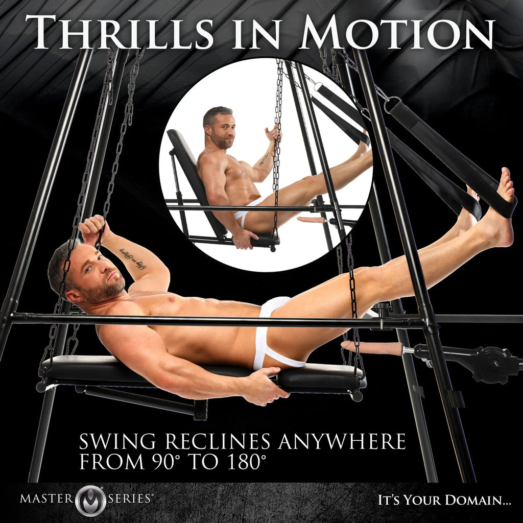Master Series Throne adjustable black sex swing with stand, showing a man using the reclining seat and leg stirrups.
