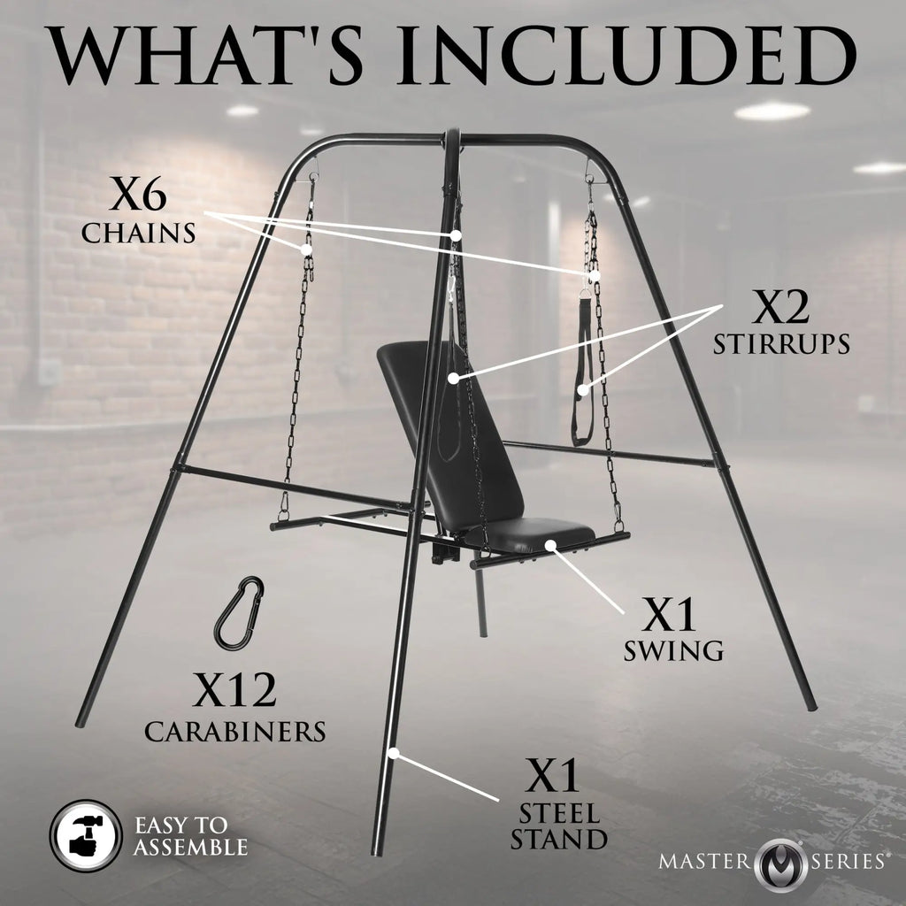 Master Series Throne adjustable sex swing with black steel stand, chains, stirrups, and seat, shown with labels.