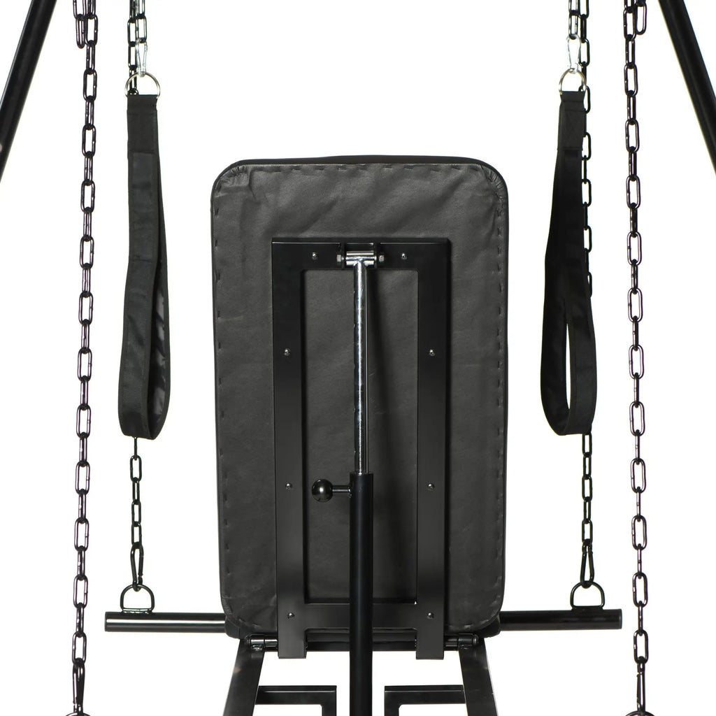 Master Series Throne sex swing with adjustable black padded seat, support frame, and hanging chains on a white background.