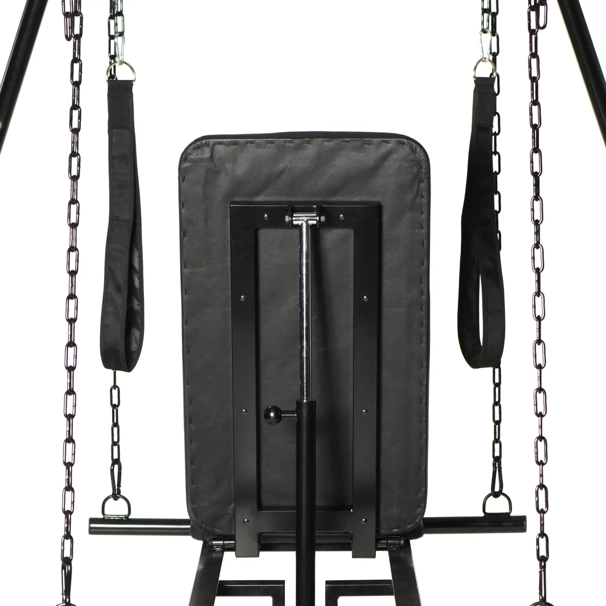 Master Series Throne sex swing with adjustable black padded seat, support frame, and hanging chains on a white background.