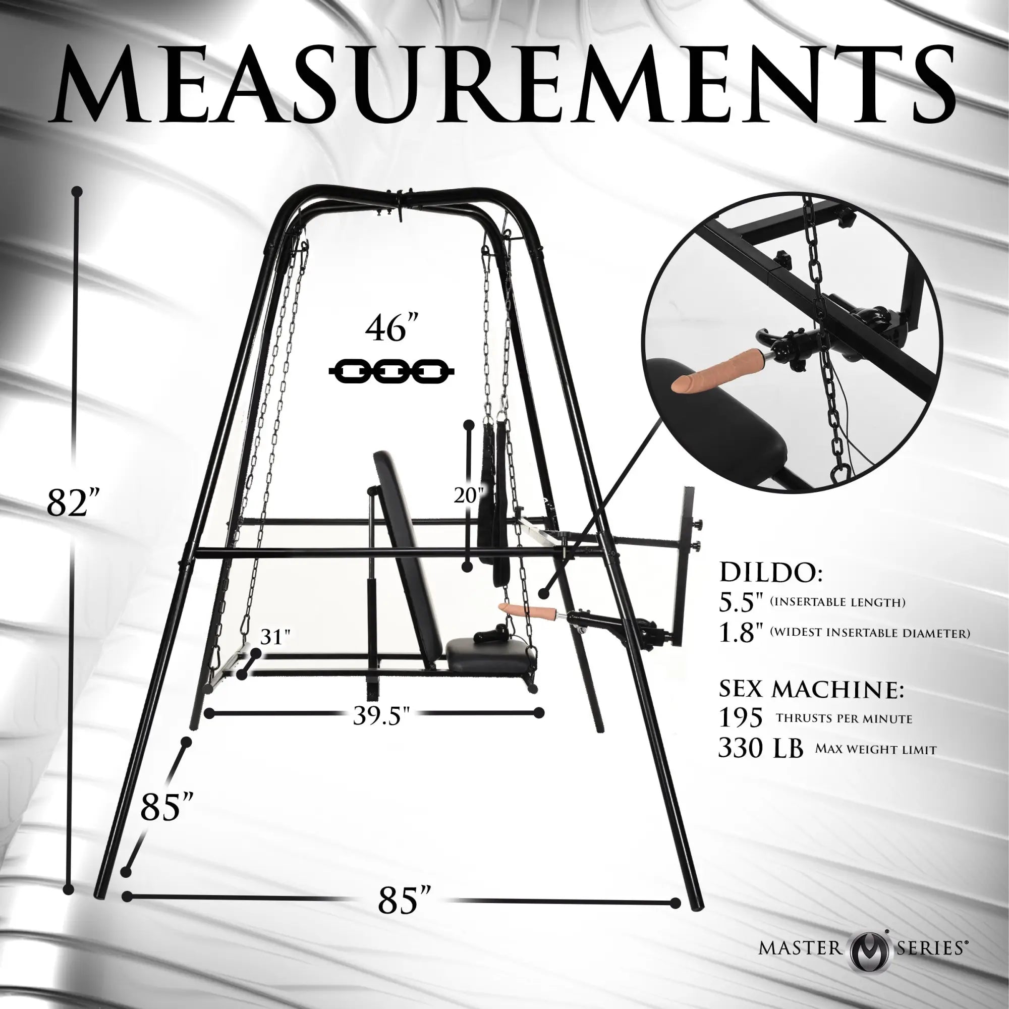 Master Series Throne Deluxe Adjustable Sling and sex machine with black metal frame and seat, including dimensions.