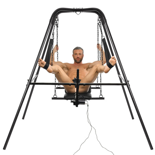 Master Series Throne Deluxe: A black, adjustable metal frame with suspension slings and a powered sex machine attachment.