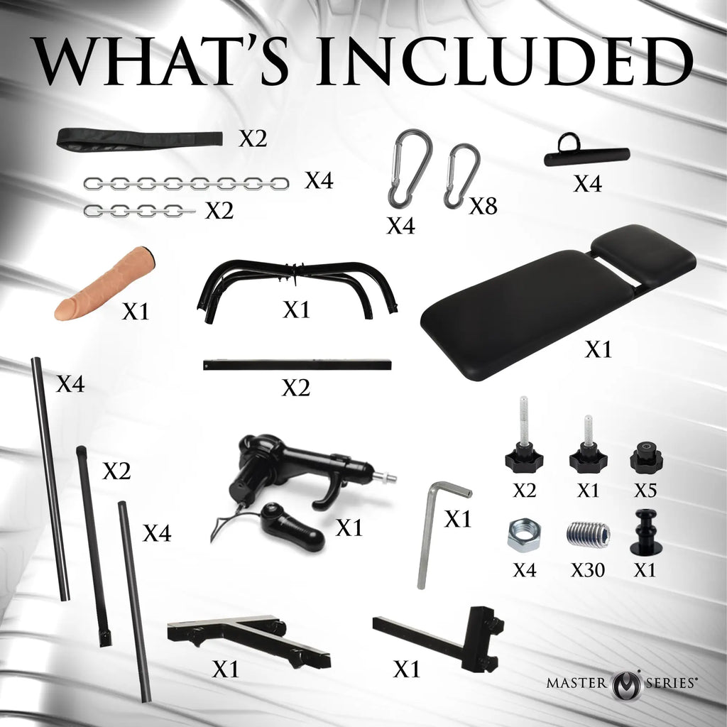 Master Series Throne Deluxe: A parts breakdown display of black metal frame components, padding, motor, and hardware.