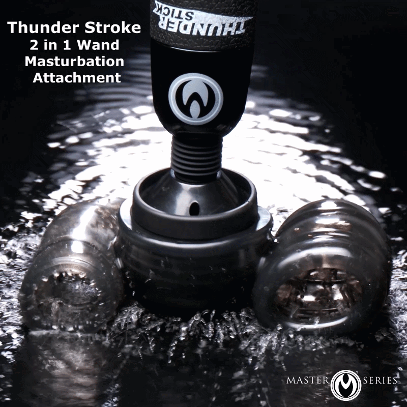 Master Series Thunder Stroke 2-in-1 wand attachment in black, featuring two textured sleeves on a reflective surface.