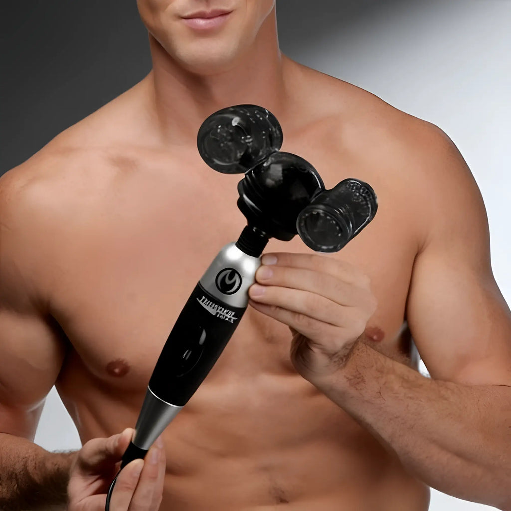 Master Series Thunder Stroke 2-in-1 black and silver wand massager with a triple-head attachment held by a shirtless man.