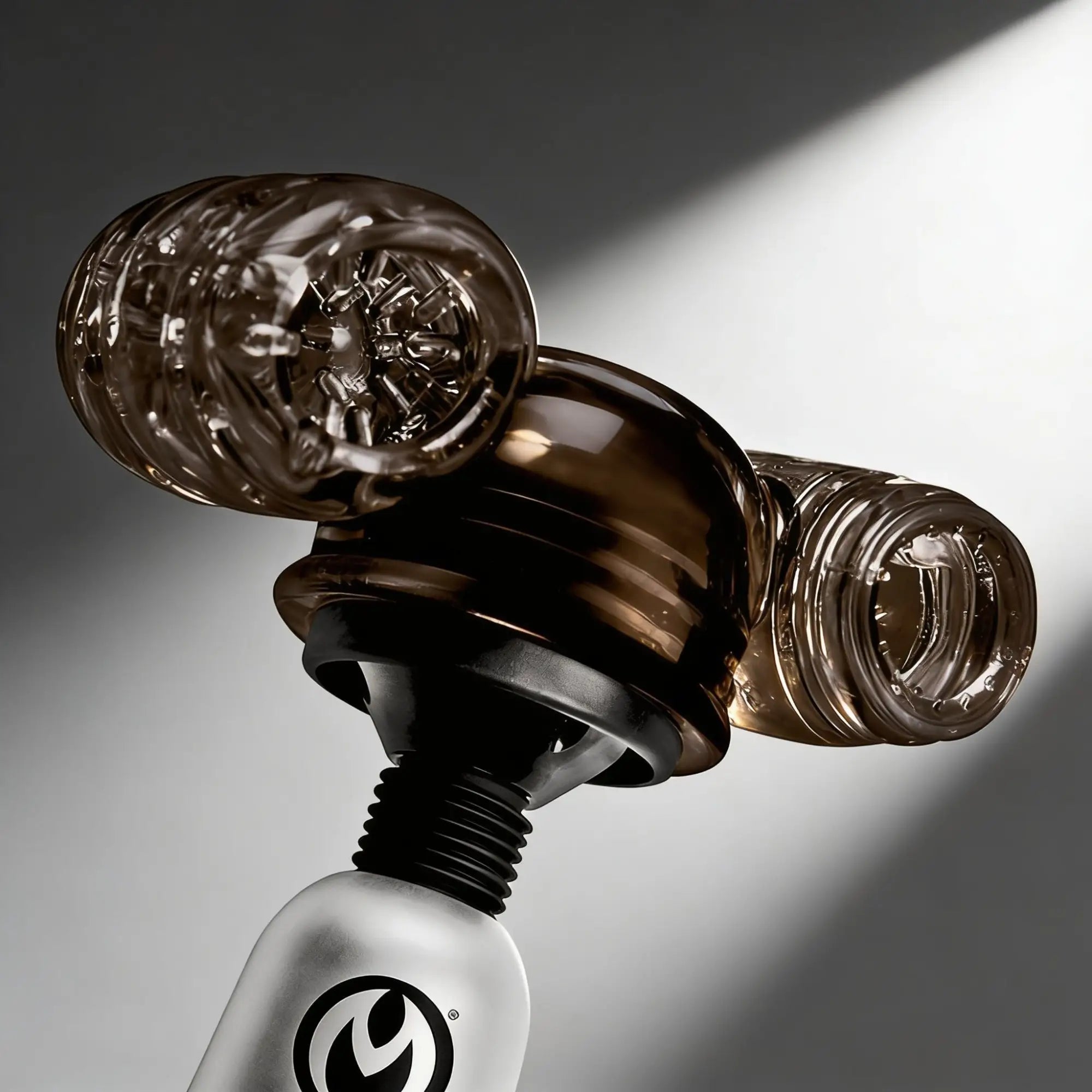 Master Series Thunder Stroke 2-in-1 translucent brown silicone wand attachment with textured sleeves on a silver wand.