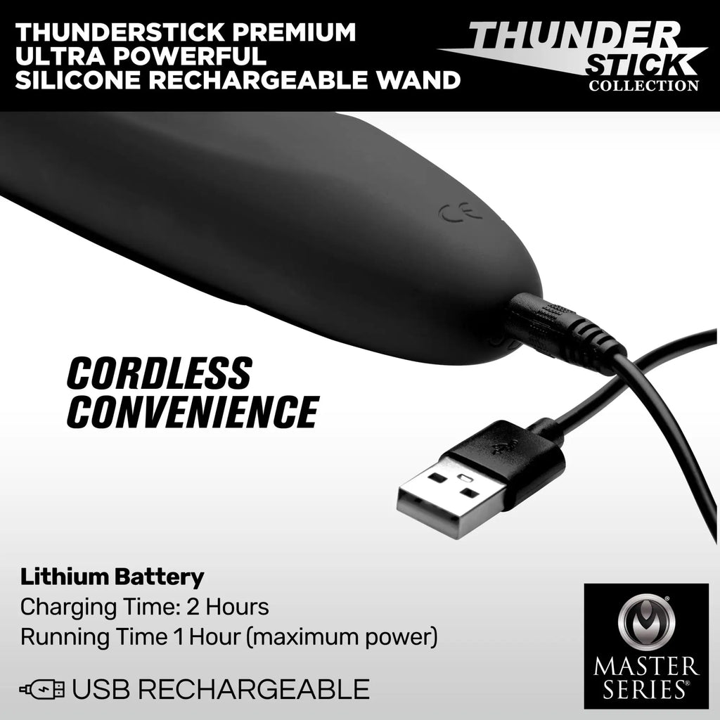 Master Series Thunderstick: A black, silicone, rechargeable wand shown connected to a USB charging cable.