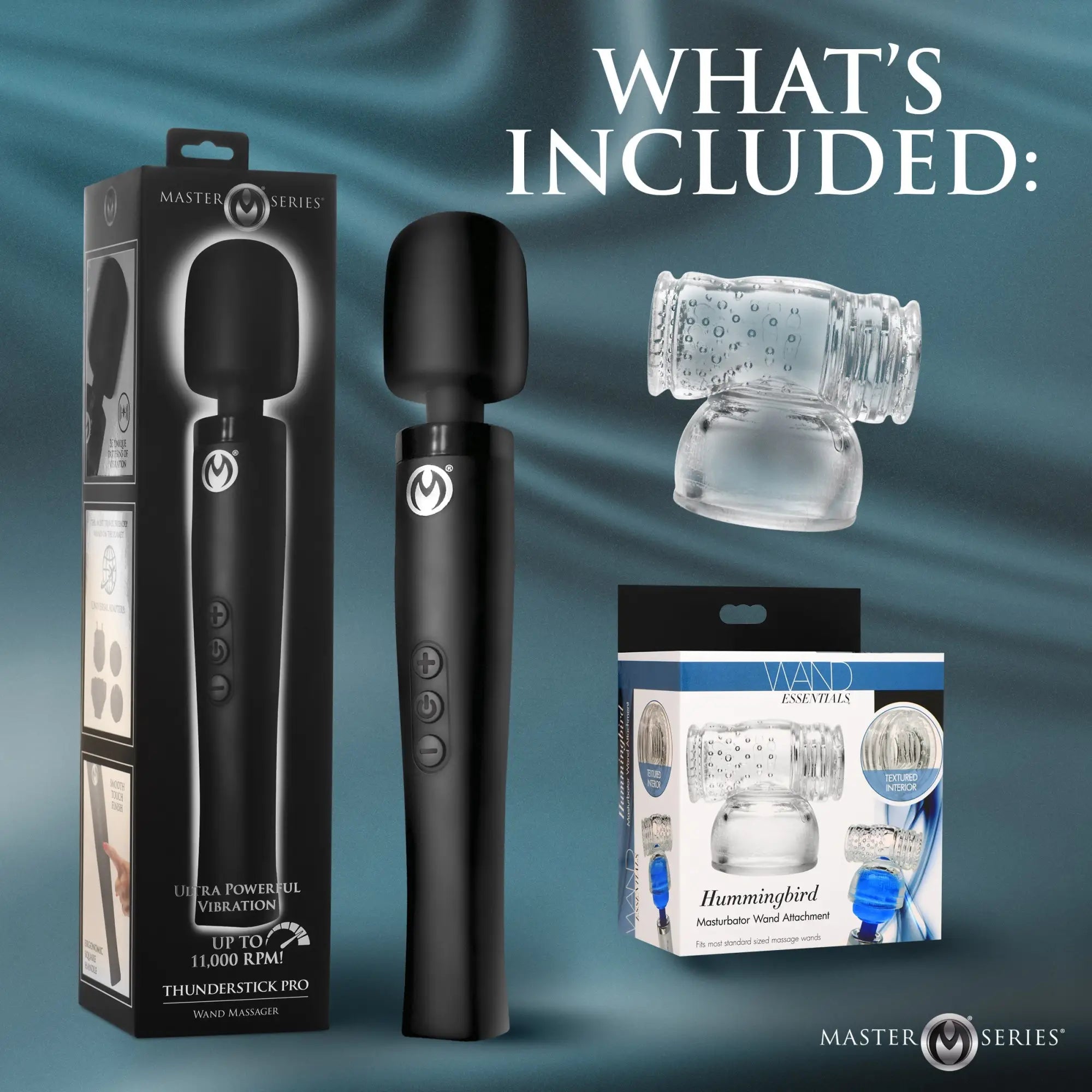 Master Series Thunderstick Pro kit: includes a black wand massager and a clear, textured silicone masturbator attachment.