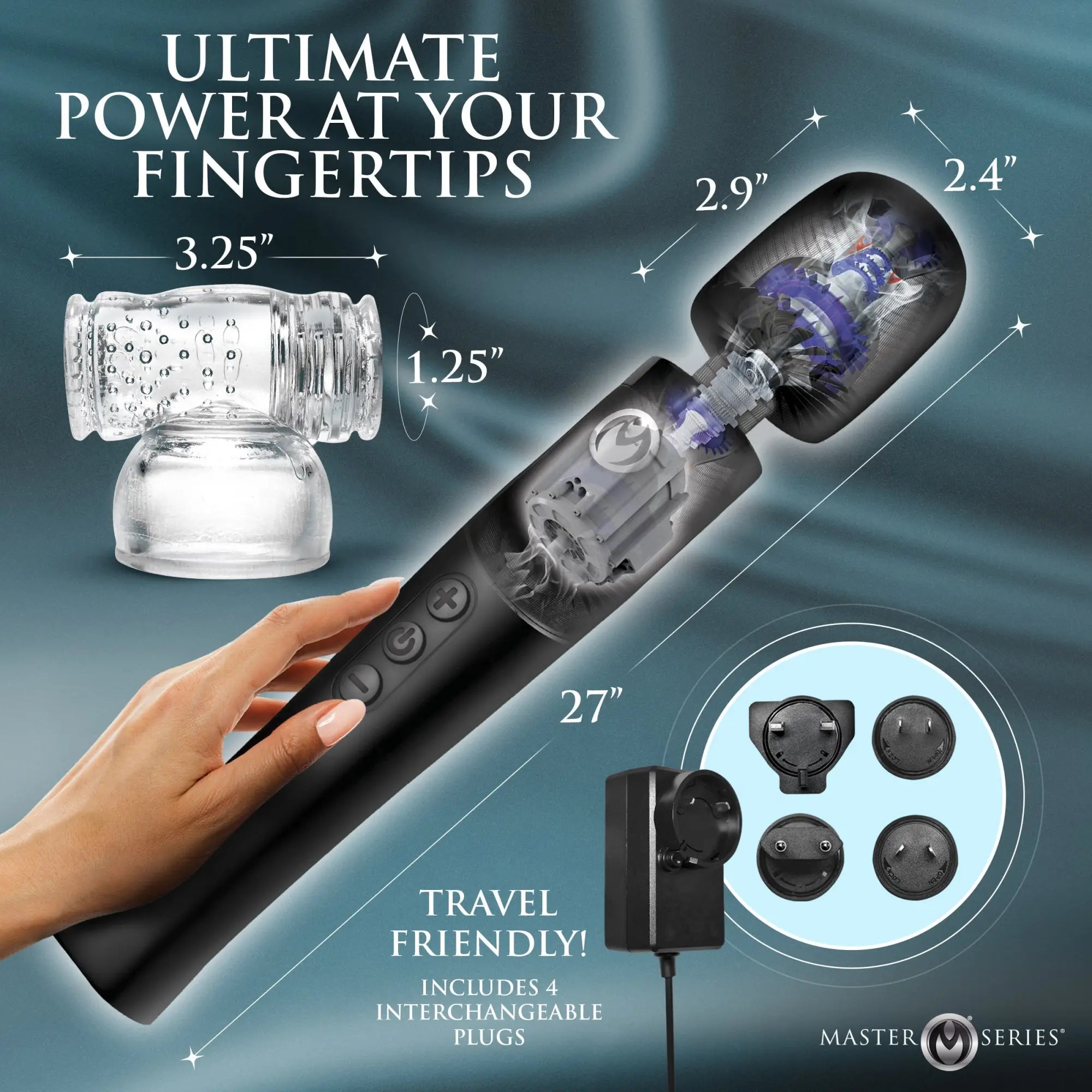 Master Series Thunderstick Pro kit: black wand, clear attachment, and 4 international power plugs with dimension labels.