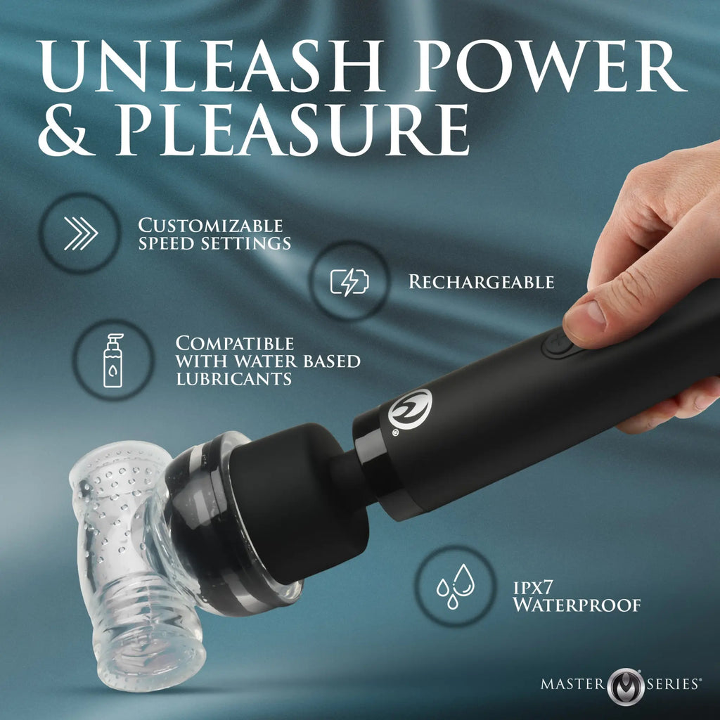 Master Series Thunderstick Pro, a matte black handheld device with a clear silicone attachment, held by a hand.
