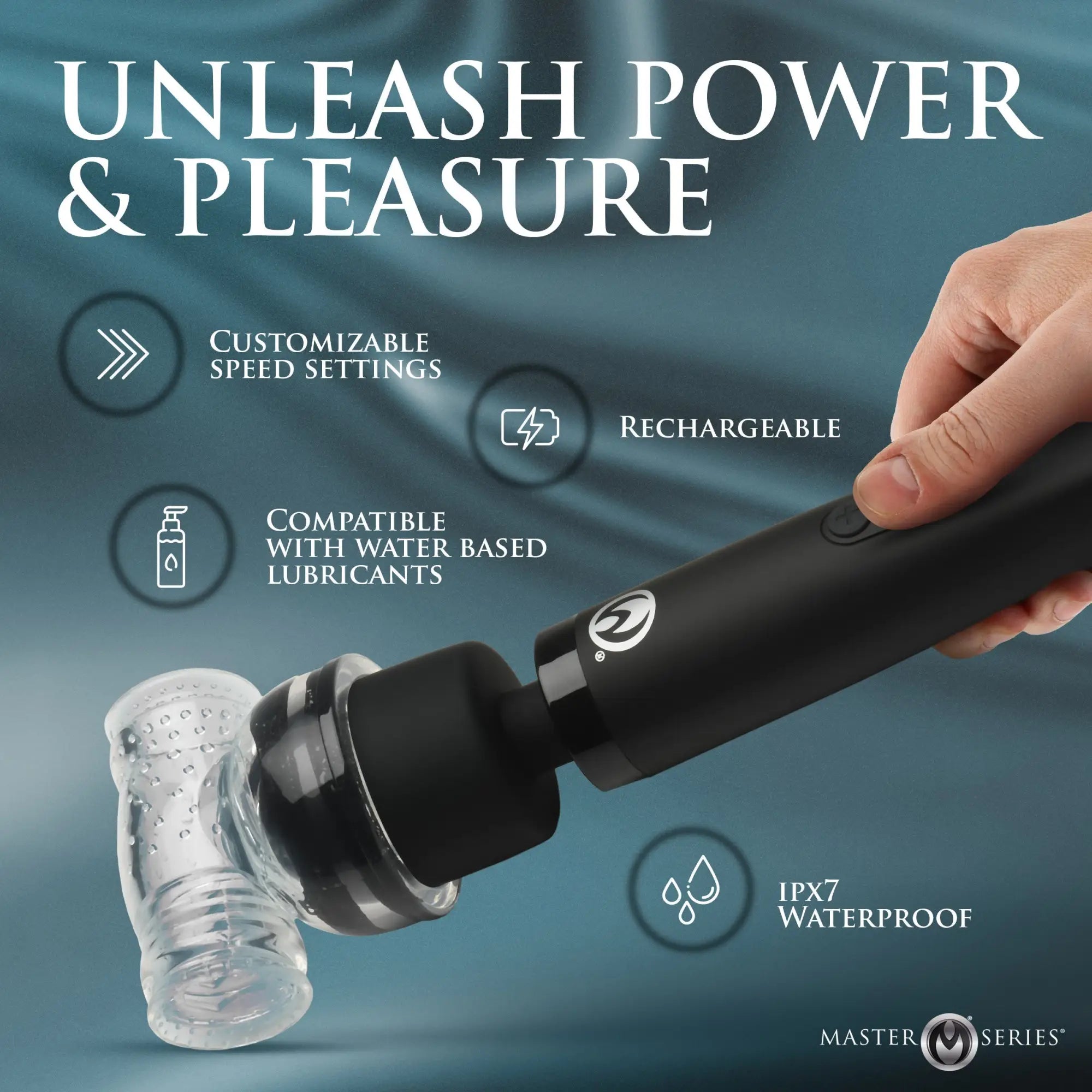 Master Series Thunderstick Pro, a matte black handheld device with a clear silicone attachment, held by a hand.